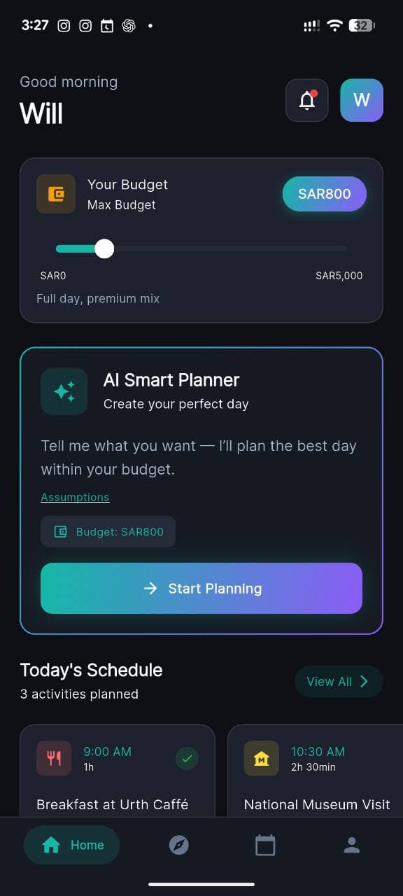 Jadwala AI Smart Planner mobile application home screen