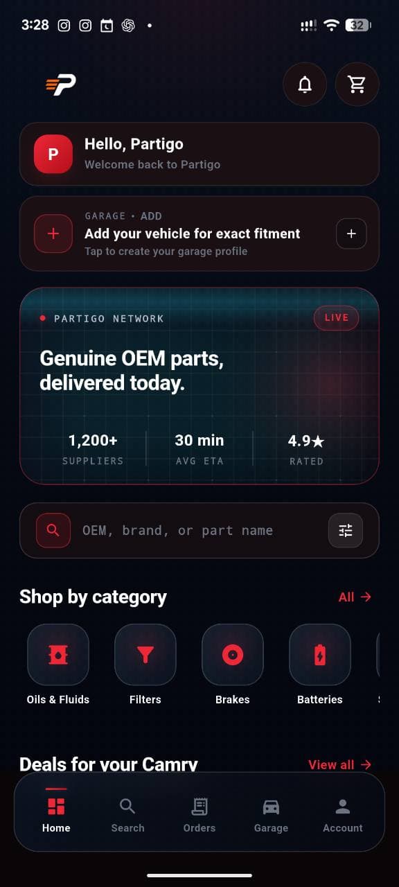 Partigo mobile commerce application home screen